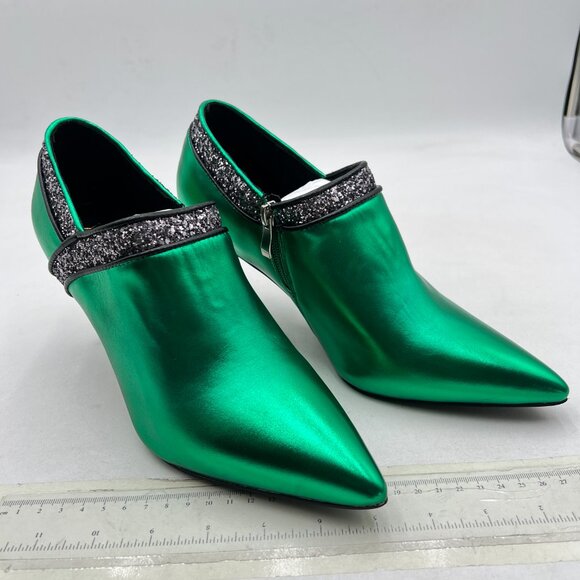 YDN Green Rhinestone Glitter Stiletto Heel Pointed Toe Side Zipper Short Booties - Picture 4 of 8
